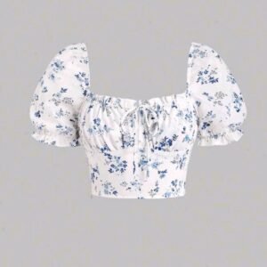 Blue Floral Puff Sleeve Crop Top
