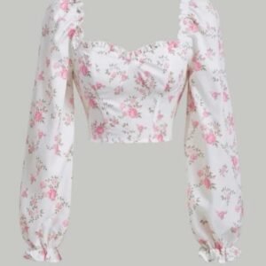 Pink Floral Puff Sleeve Crop Top