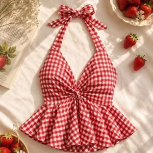 Red Gingham Peplum Halter Top