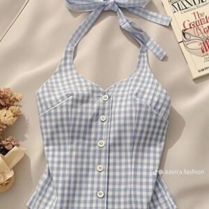 Blue Gingham Halter Button-Front Top