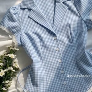 Blue Gingham Puff Sleeve Blazer Blouse
