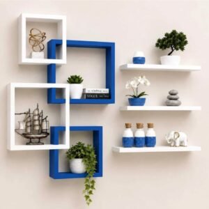 Intersecting Squares Wall Shelf Set - Blue & White with Floating Shelves